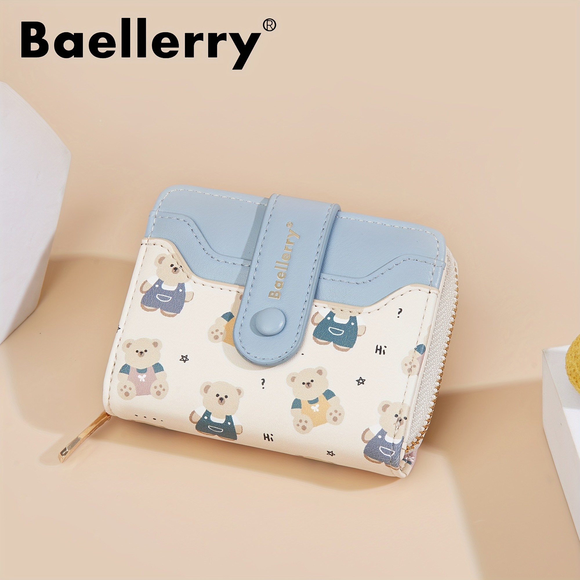 BAELLERRY Mini Womens Wallet  Short Bear Cartoon Print Wallet with Button Closure, Card Slots & Zipper Coin Purse