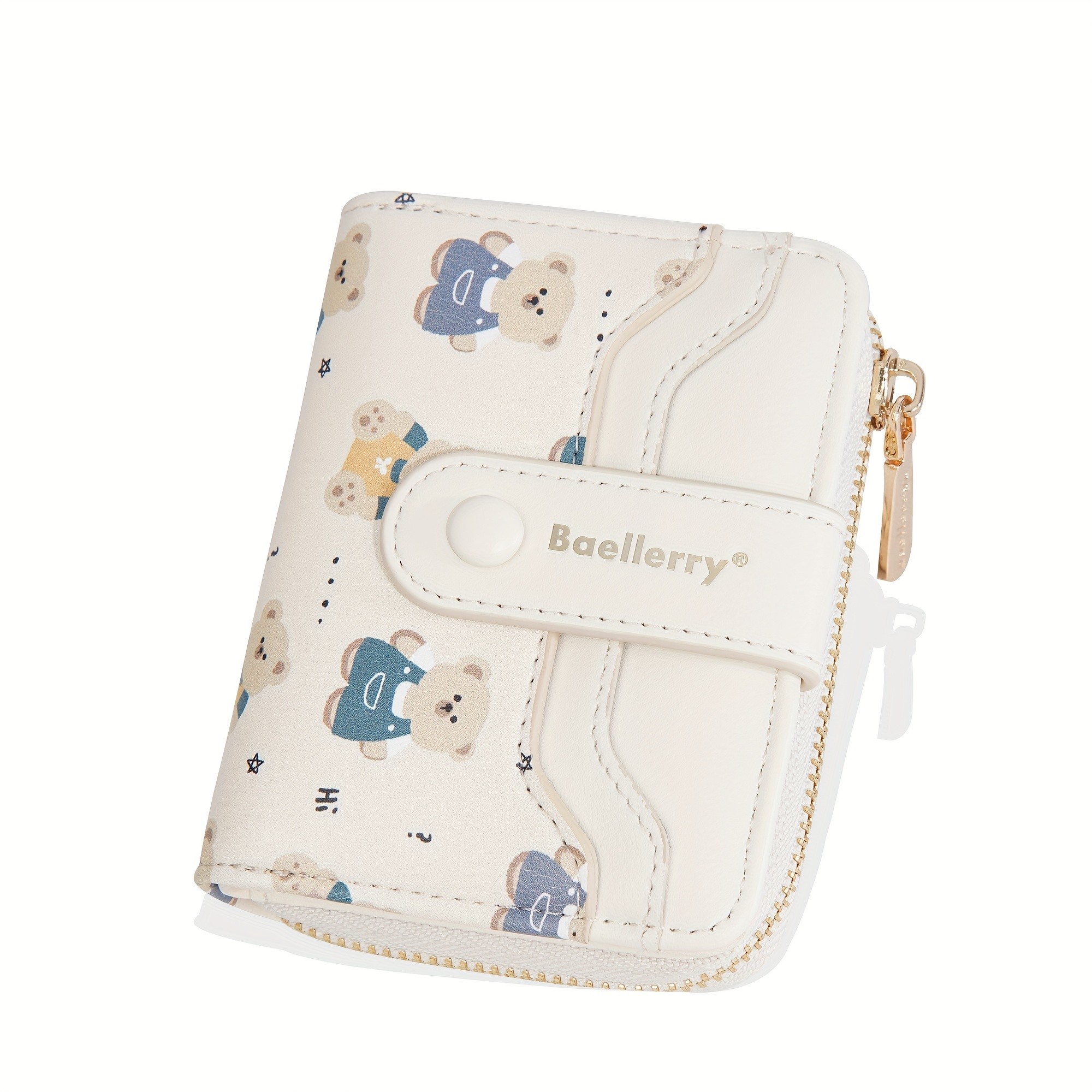 BAELLERRY Mini Womens Wallet  Short Bear Cartoon Print Wallet with Button Closure, Card Slots & Zipper Coin Purse