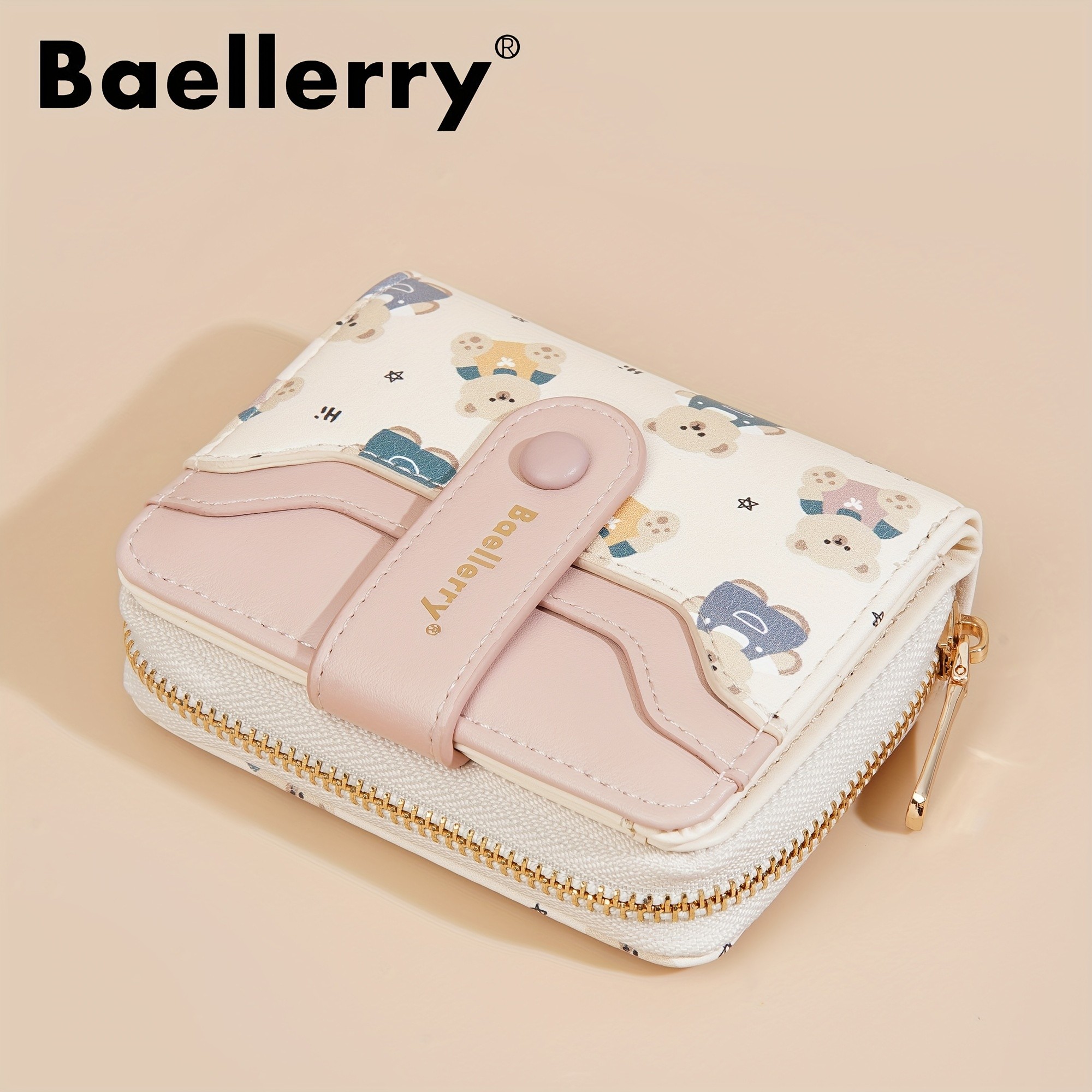BAELLERRY Mini Womens Wallet  Short Bear Cartoon Print Wallet with Button Closure, Card Slots & Zipper Coin Purse