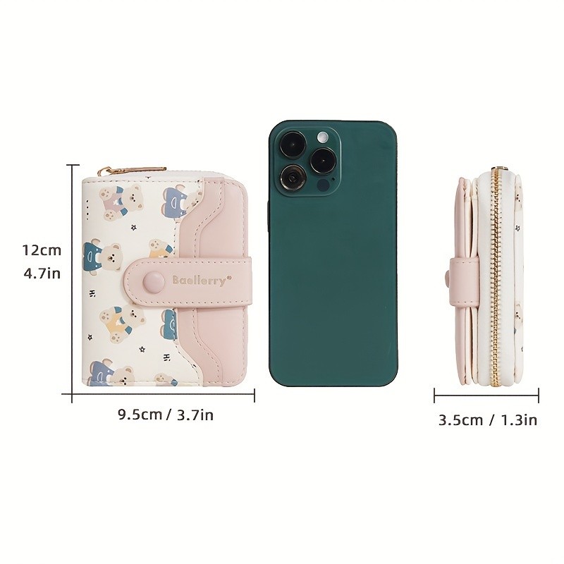 BAELLERRY Mini Womens Wallet  Short Bear Cartoon Print Wallet with Button Closure, Card Slots & Zipper Coin Purse