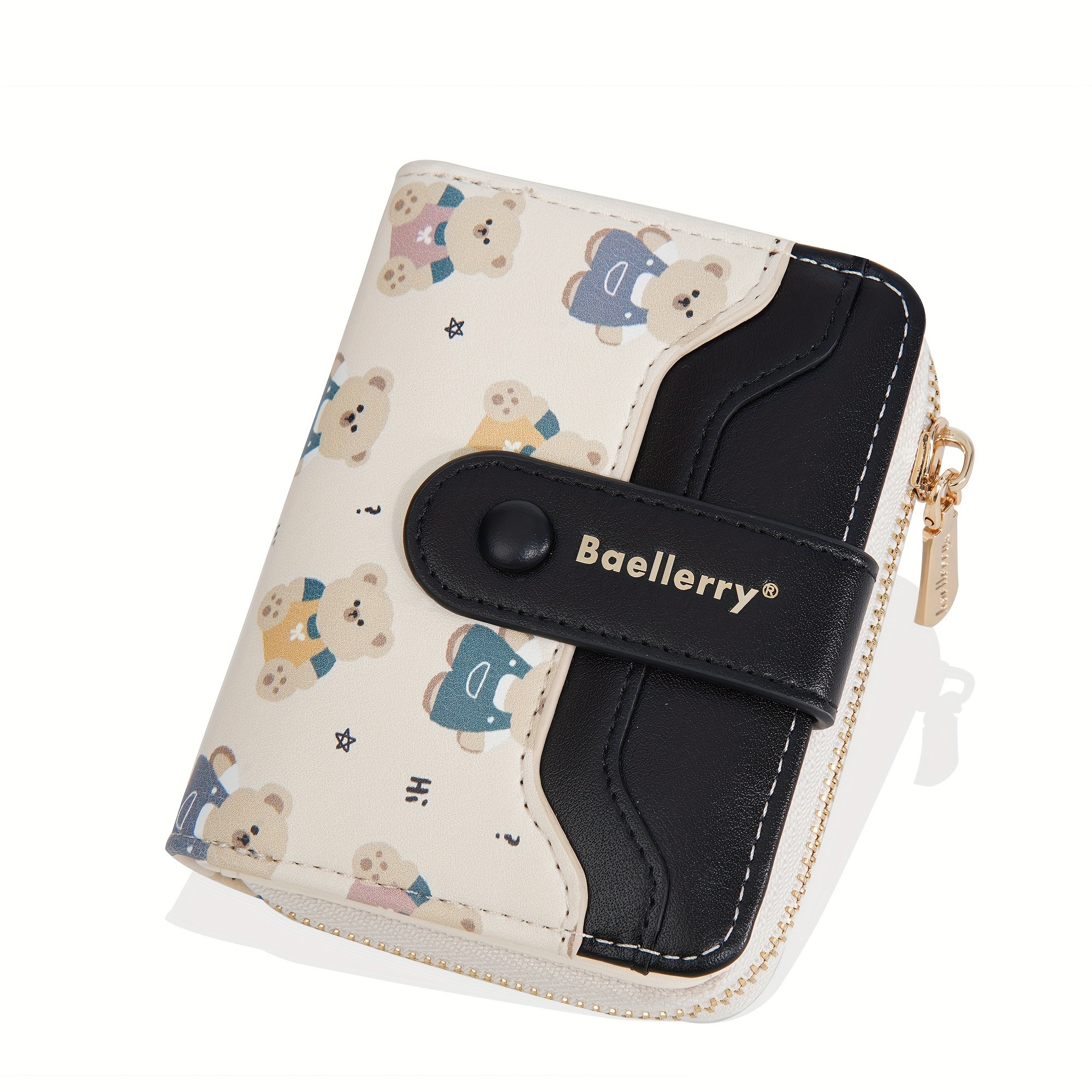 BAELLERRY Mini Womens Wallet  Short Bear Cartoon Print Wallet with Button Closure, Card Slots & Zipper Coin Purse