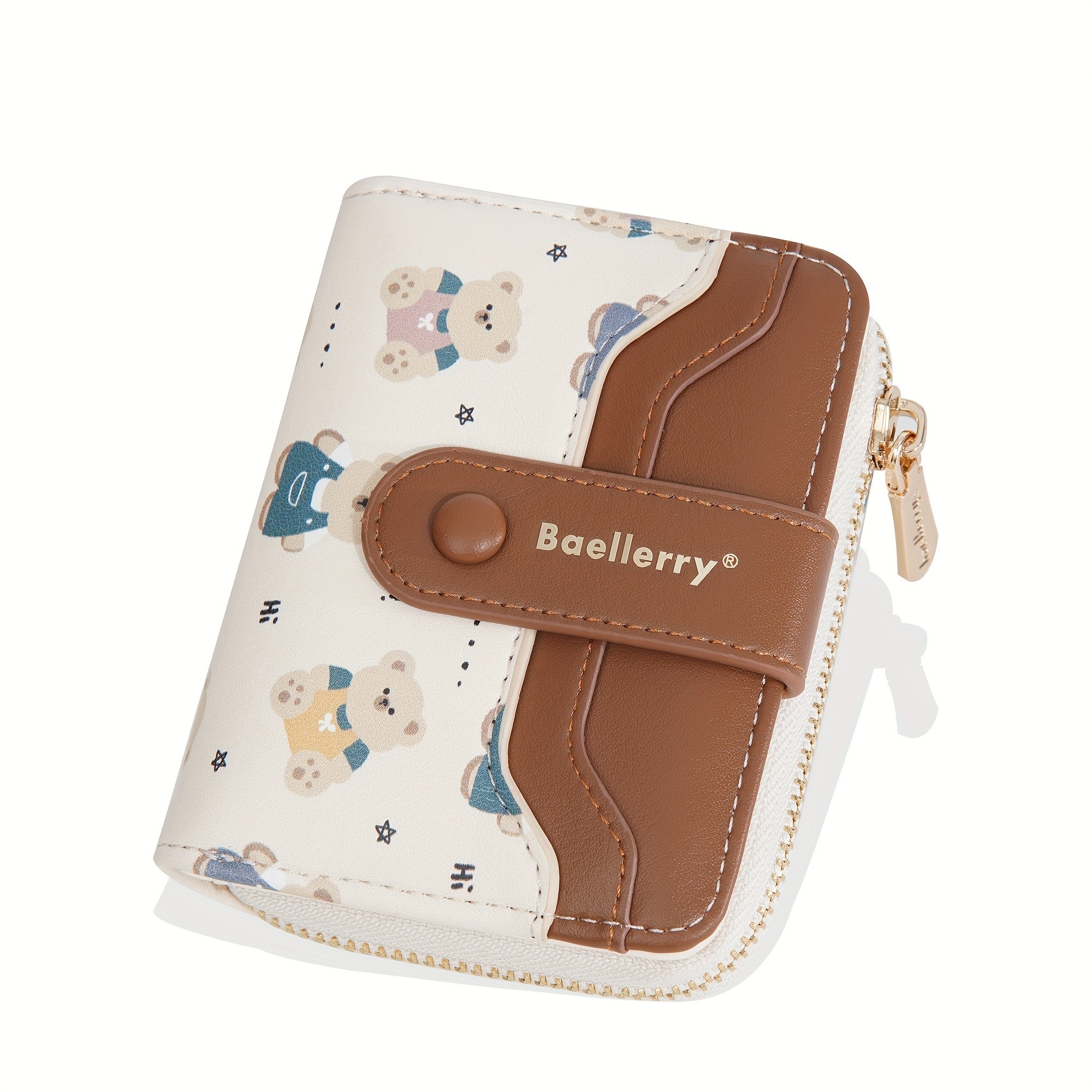 BAELLERRY Mini Womens Wallet  Short Bear Cartoon Print Wallet with Button Closure, Card Slots & Zipper Coin Purse