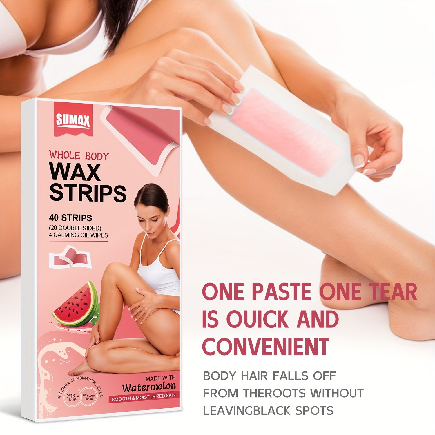 SUMAX Whole Body Wax Strips Kit  40 Watermelon-Infused Double-Sided Strips + 4 Calming Oil Wipes
