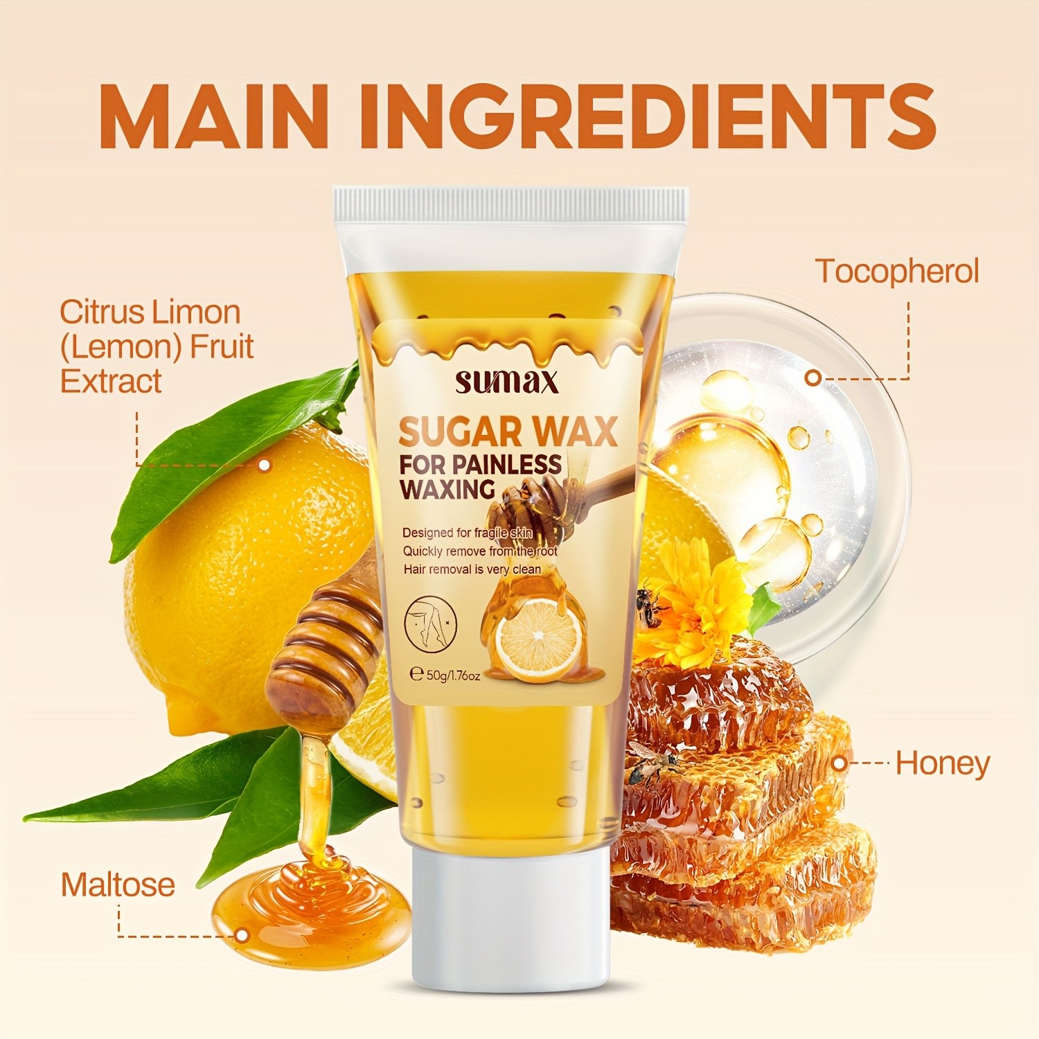 SUMAX Lemon & Honey Hair Removal Wax  Gentle 50g Formula with Plant-Based Squalane for Face & Body