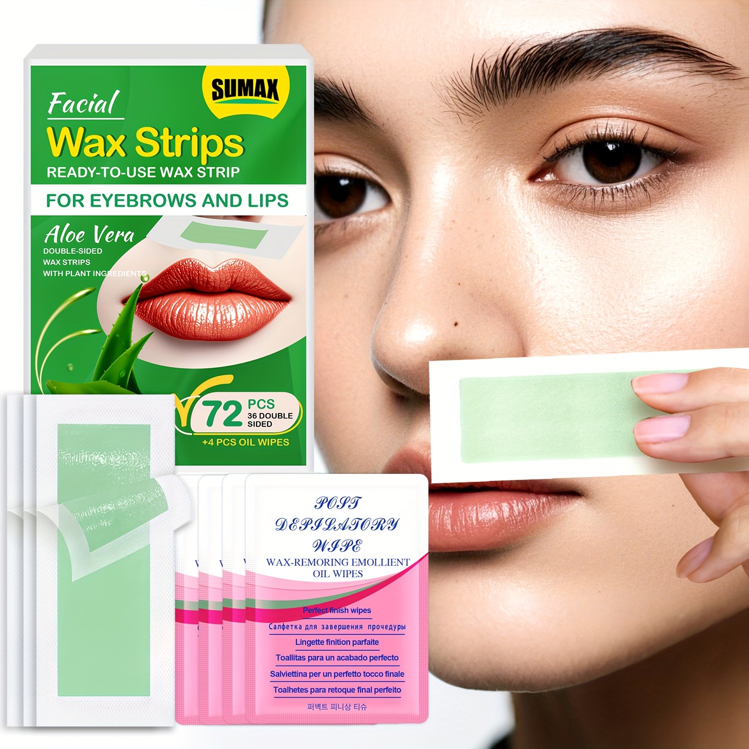 SUMAX 72pcs Aloe Vera Facial Wax Strips  Quick, Moisturizing & Easy Hair Removal for Face & Body