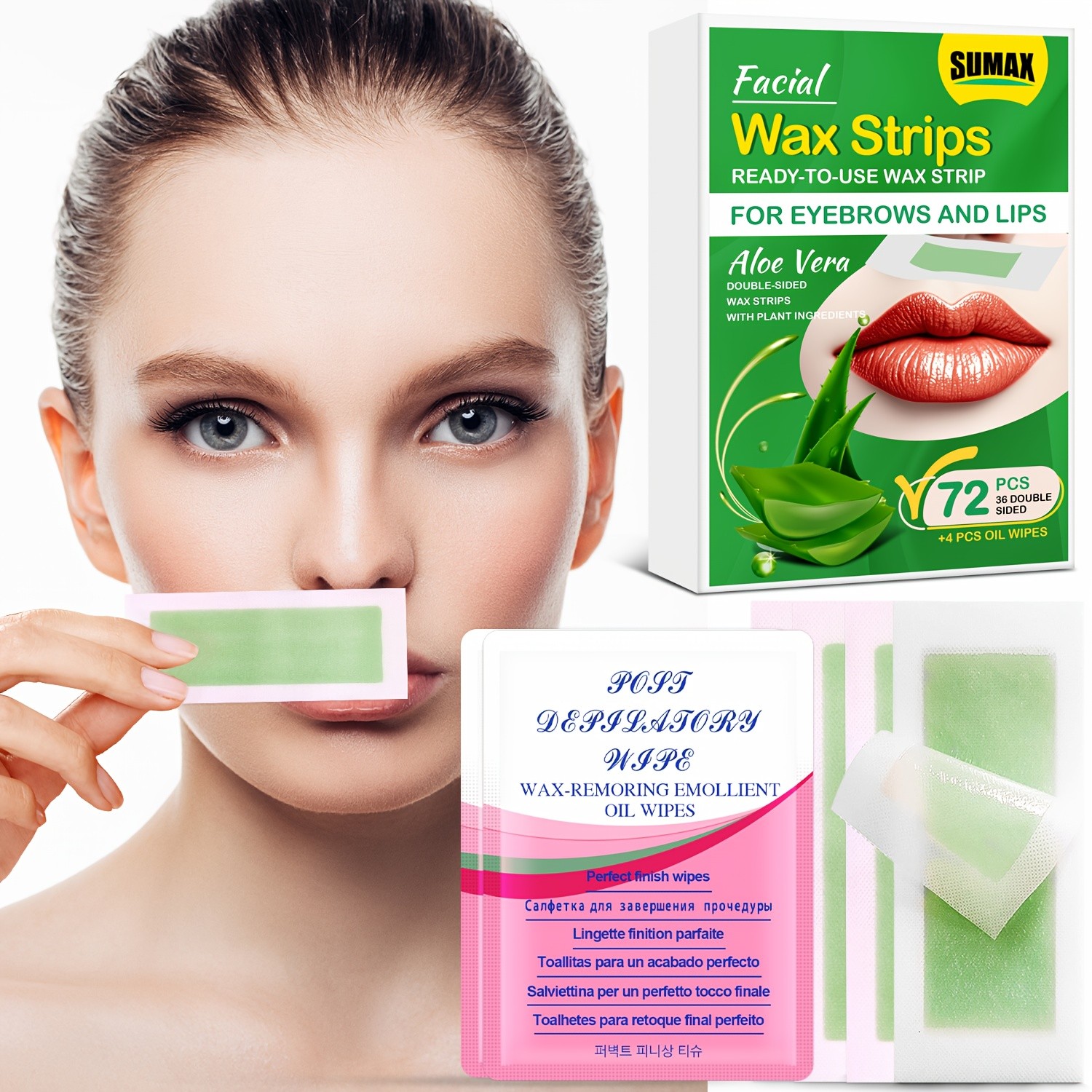 SUMAX 72pcs Aloe Vera Facial Wax Strips  Quick, Moisturizing & Easy Hair Removal for Face & Body