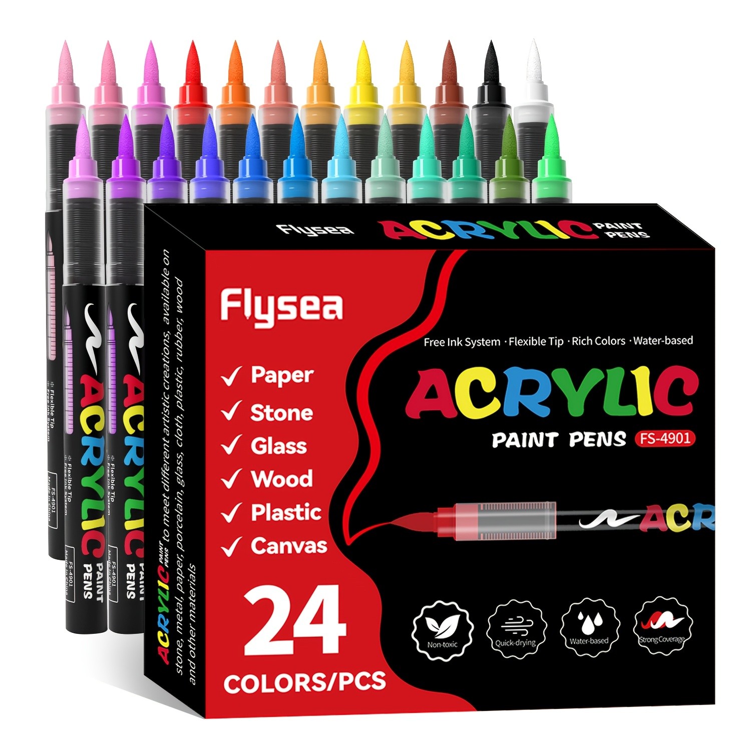 FLYSEA Acrylic Paint Marker Set  12 / 24 / 36 Vibrant Non-Toxic Stackable Markers for Multi-Surface Art