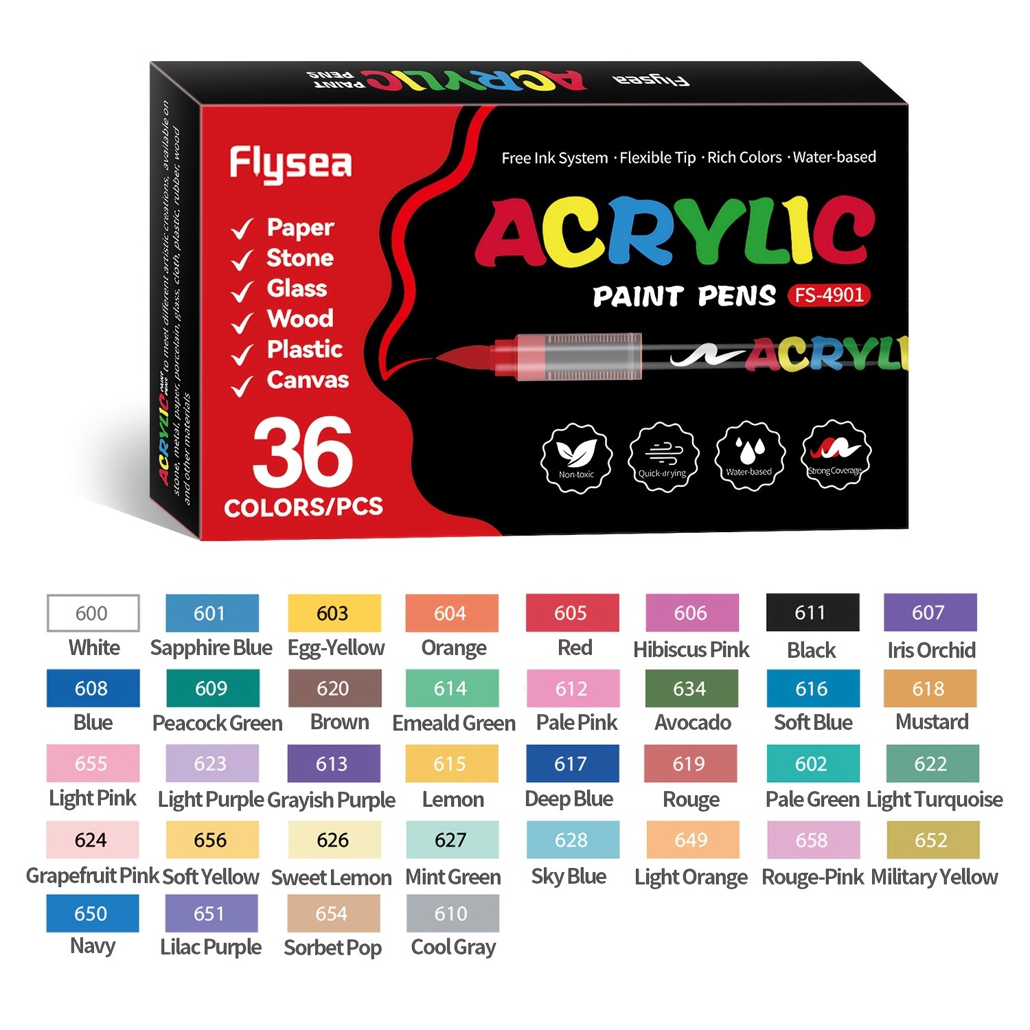 FLYSEA Acrylic Paint Marker Set  12 / 24 / 36 Vibrant Non-Toxic Stackable Markers for Multi-Surface Art