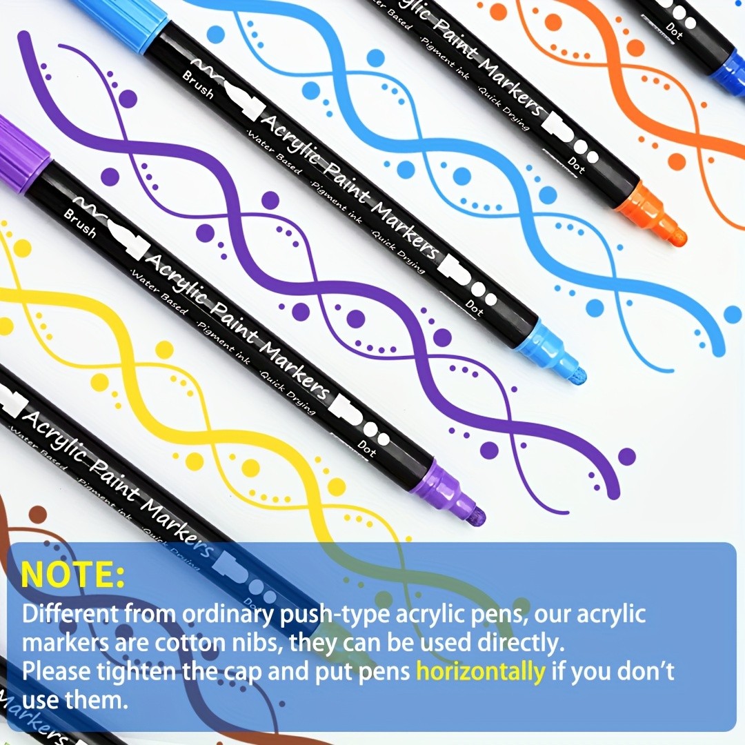 FLYSEA 24pcs Dual-Tip Acrylic Paint Markers  Brush Tip + Dot Tip Water-Based Markers for Christmas Cards, Rock Painting, Wood & Canvas