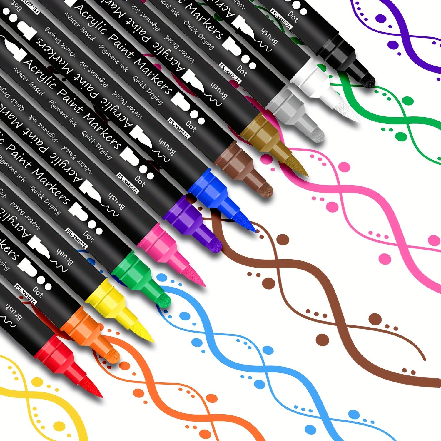 FLYSEA 24pcs Dual-Tip Acrylic Paint Markers  Brush Tip + Dot Tip Water-Based Markers for Christmas Cards, Rock Painting, Wood & Canvas