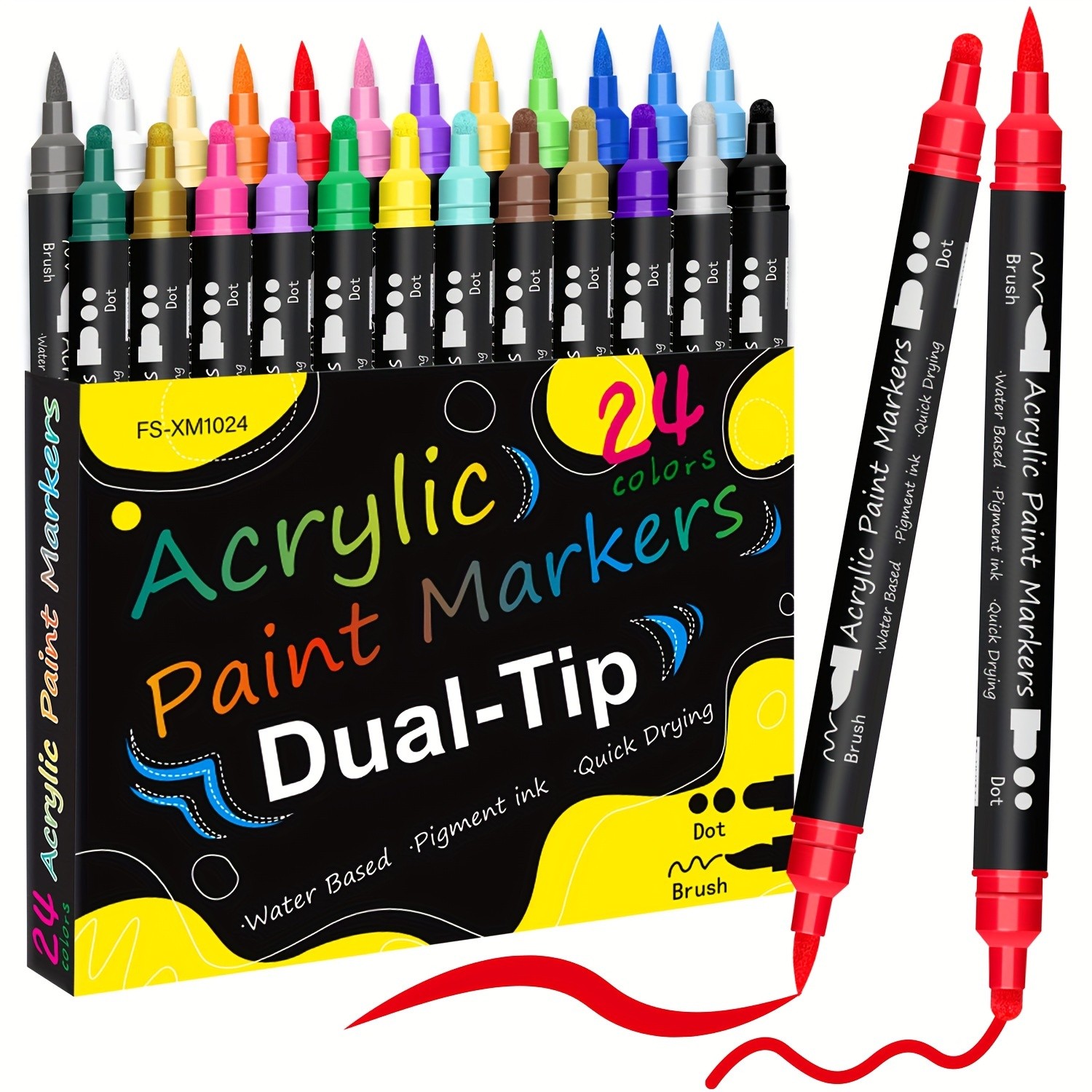 FLYSEA 24pcs Dual-Tip Acrylic Paint Markers  Brush Tip + Dot Tip Water-Based Markers for Christmas Cards, Rock Painting, Wood & Canvas