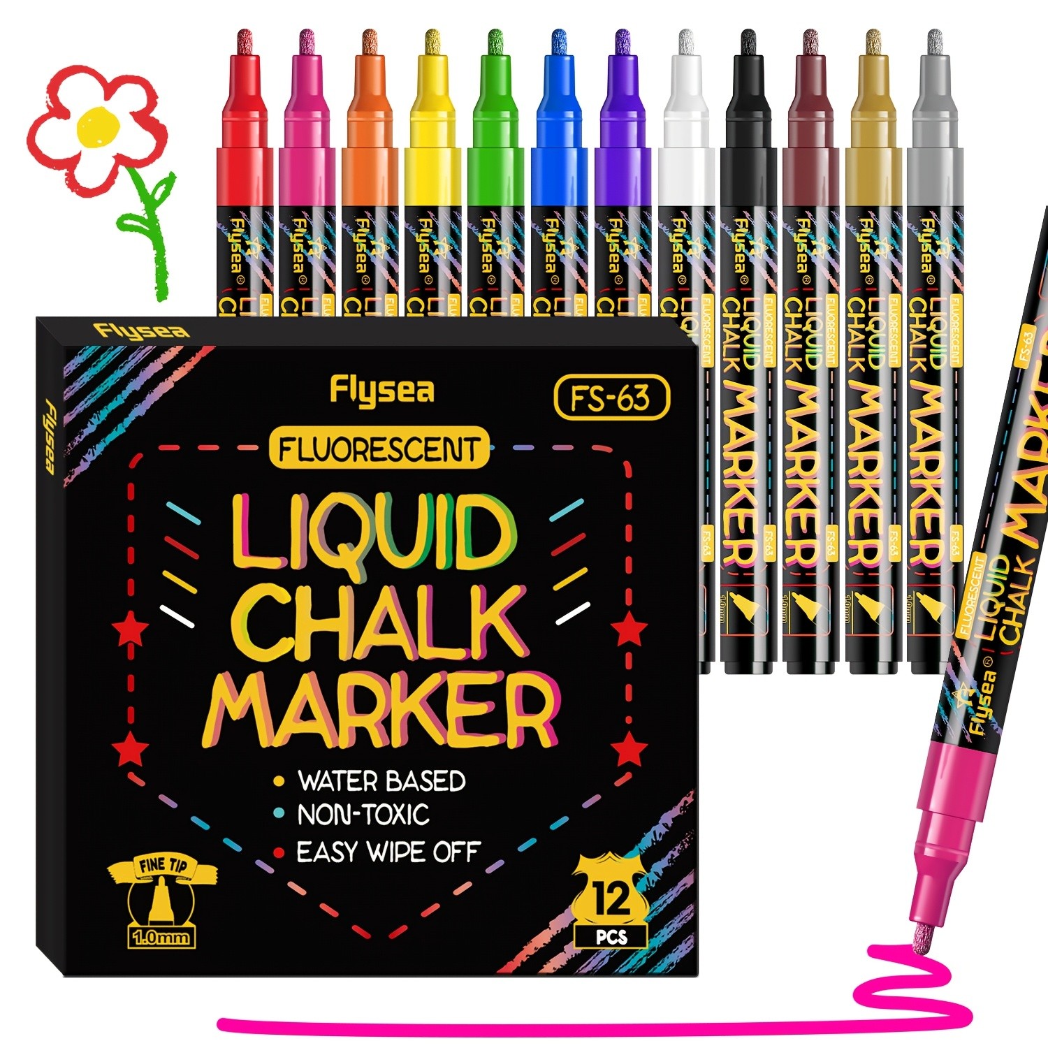 FLYSEA 8pcs / 12pcs Neon Chalk Markers  Erasable Liquid Chalk Pens for Professional Art & Non-Porous Surfaces