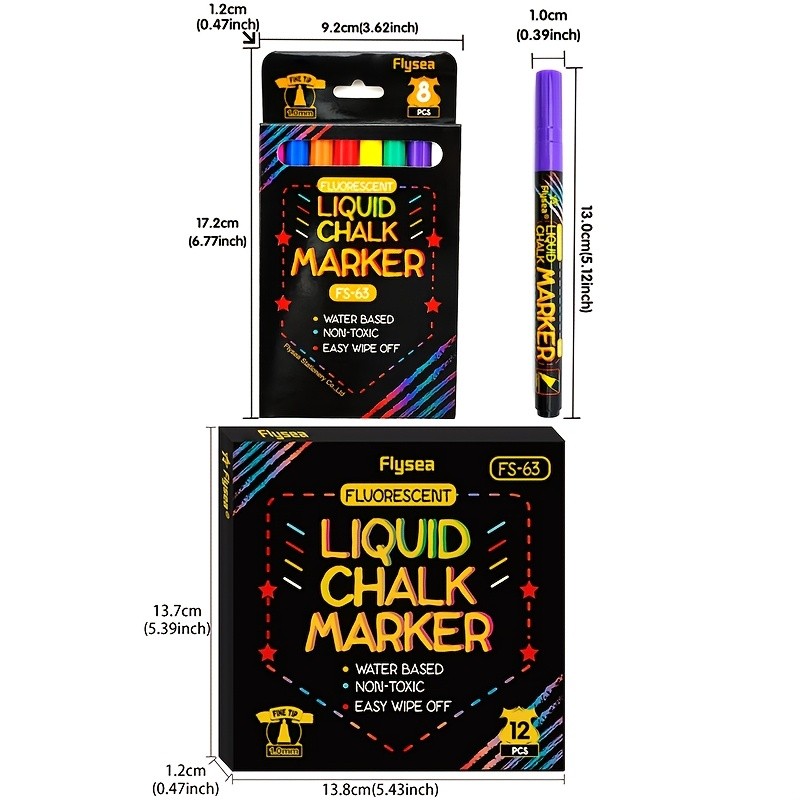 FLYSEA 8pcs / 12pcs Neon Chalk Markers  Erasable Liquid Chalk Pens for Professional Art & Non-Porous Surfaces