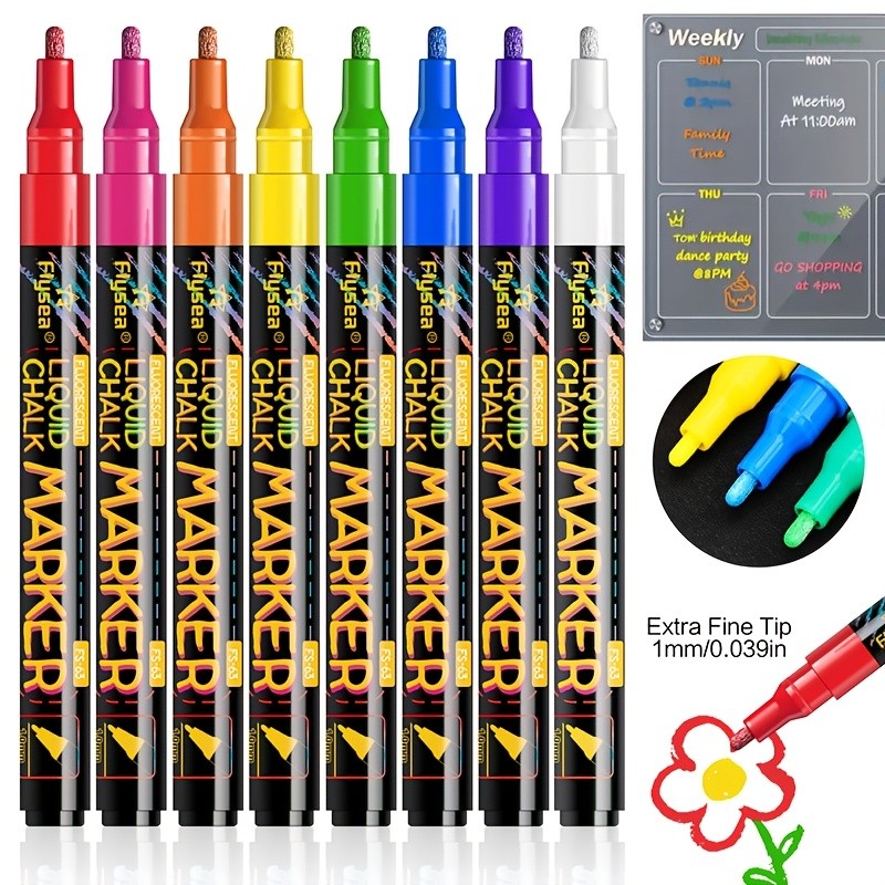 FLYSEA 8pcs / 12pcs Neon Chalk Markers  Erasable Liquid Chalk Pens for Professional Art & Non-Porous Surfaces