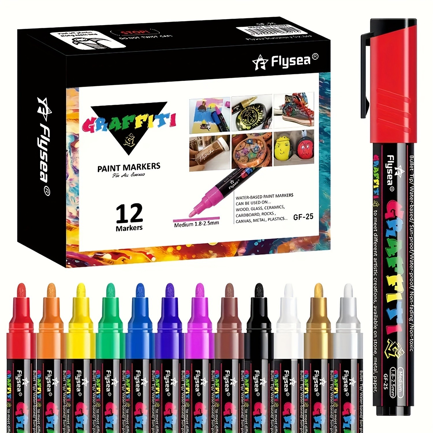 FLYSEA 12pcs Large Capacity Acrylic Paint Markers  Stackable Colors, 23mm Medium Point, Water-Based for Rocks, Canvas & Glass