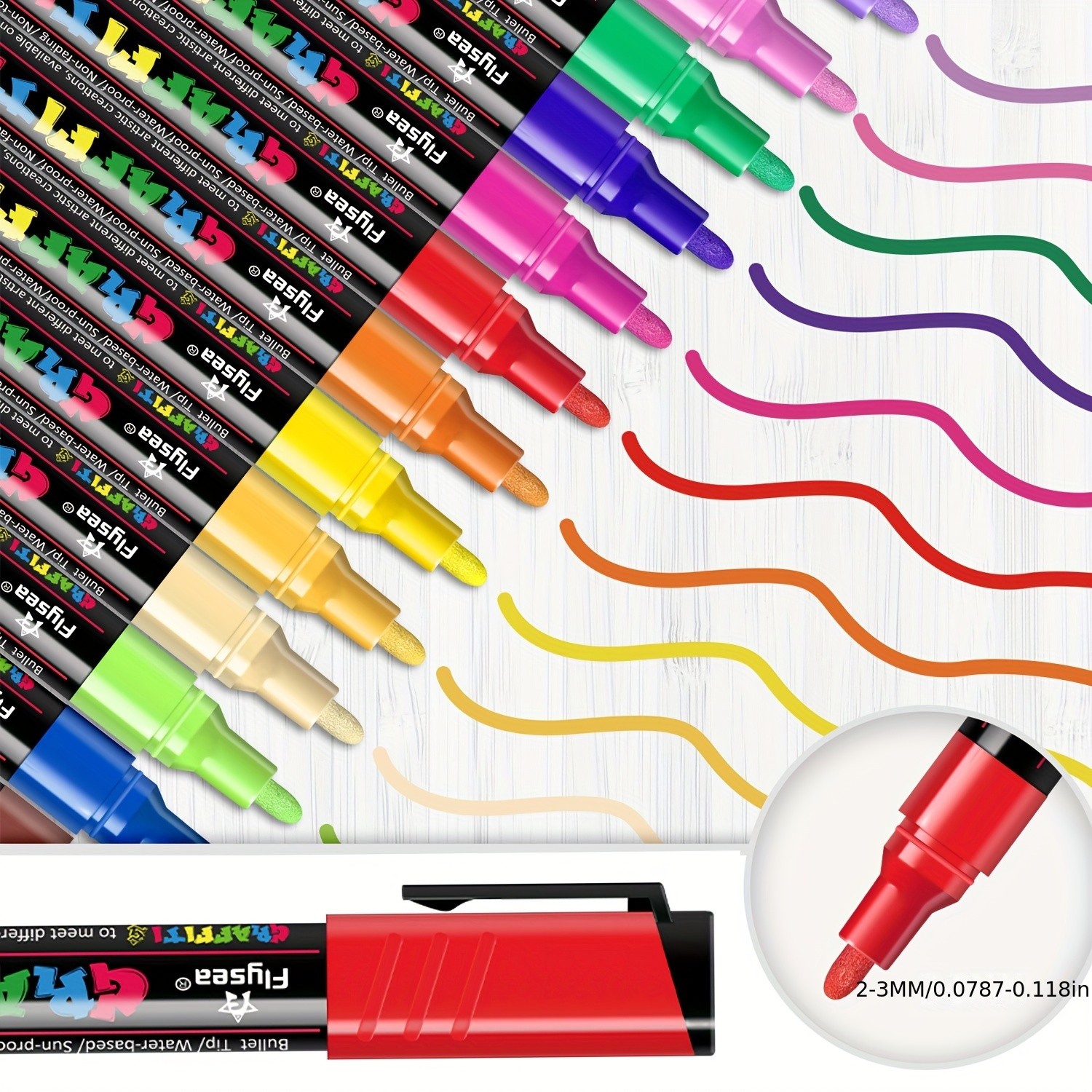 FLYSEA 12pcs Large Capacity Acrylic Paint Markers  Stackable Colors, 23mm Medium Point, Water-Based for Rocks, Canvas & Glass