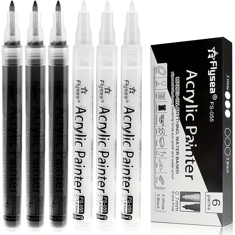 FLYSEA 6pcs Waterproof Water-Based Acrylic Paint Markers  Heavy-Duty Vibrant Paint Pens for Rock, Ceramic, Glass, Wood & Plastic