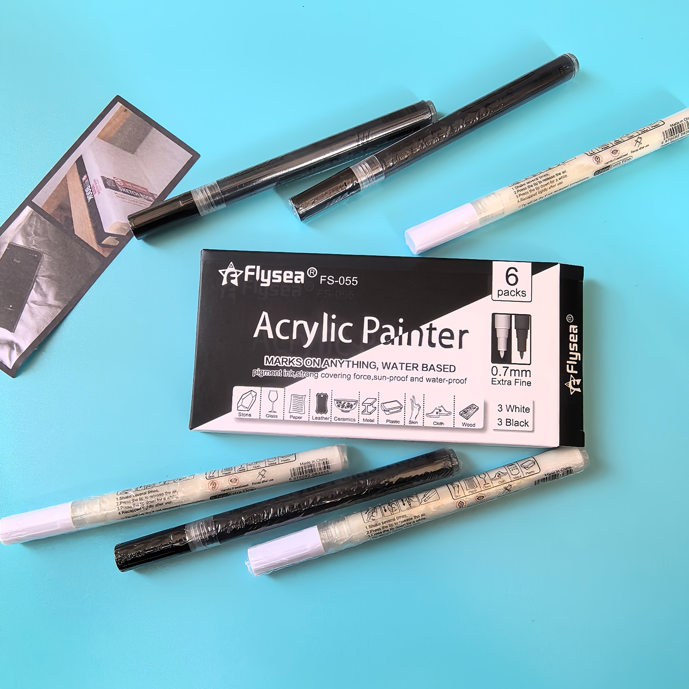 FLYSEA 6pcs Waterproof Water-Based Acrylic Paint Markers  Heavy-Duty Vibrant Paint Pens for Rock, Ceramic, Glass, Wood & Plastic