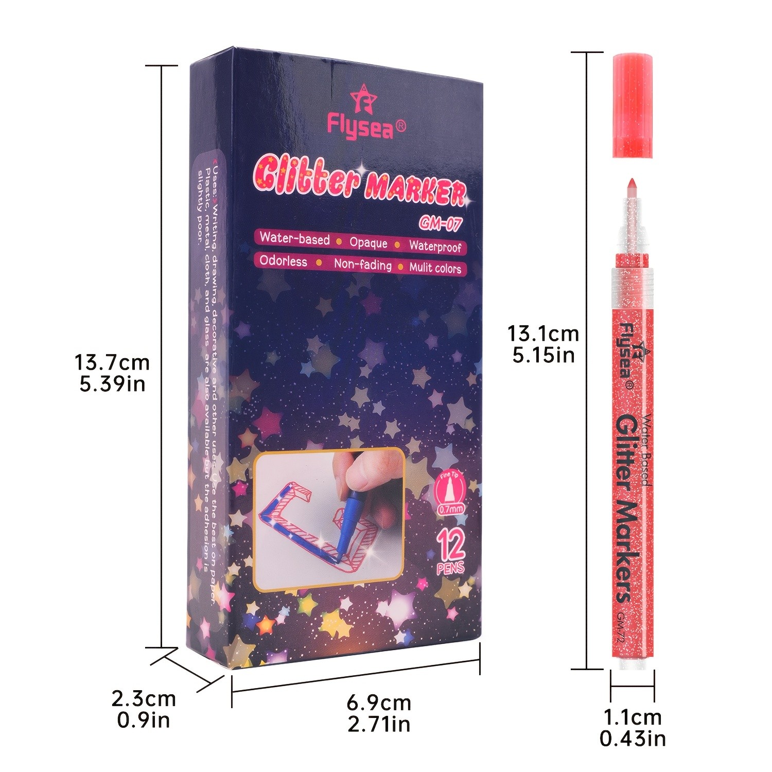 FLYSEA 12pcs 0.7mm Fine Tip Glitter Acrylic Marker Pens  Water-Based Glitter Ink for Scrapbooks, Writing & Multi-Surface Art