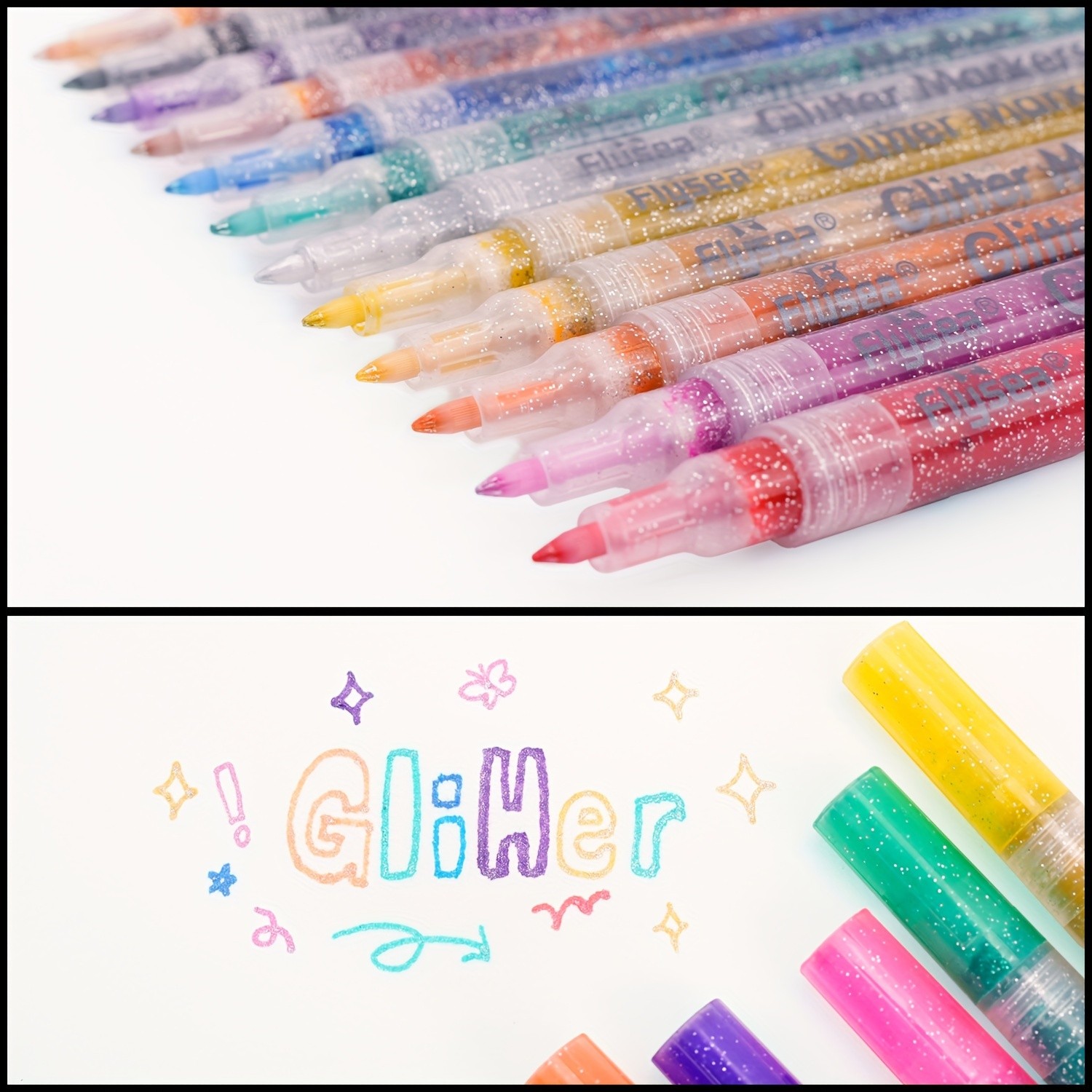 FLYSEA 12pcs 0.7mm Fine Tip Glitter Acrylic Marker Pens  Water-Based Glitter Ink for Scrapbooks, Writing & Multi-Surface Art