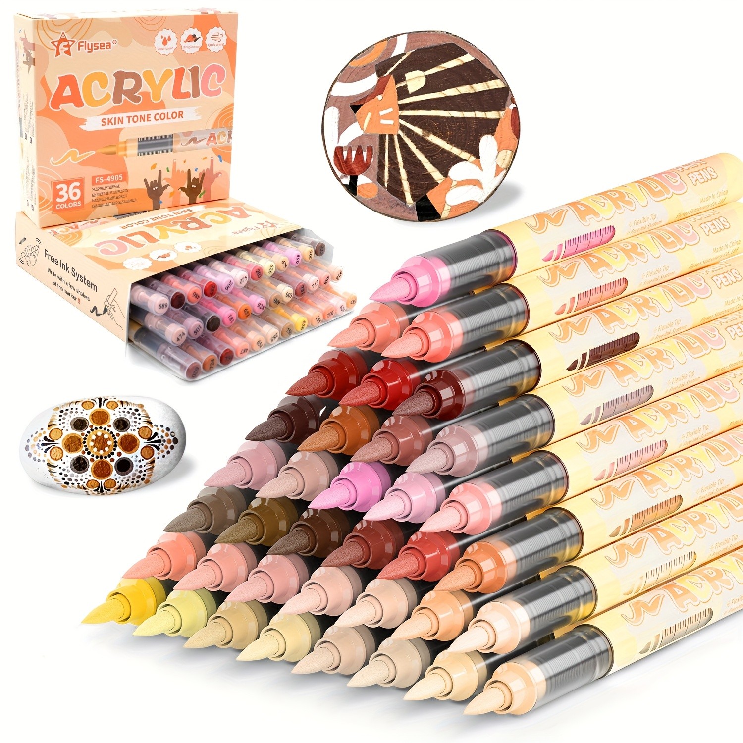 FLYSEA 24/36 Colors Acrylic Marker Set  Vibrant Water-Based Brush Pens for Professional Painting & Creative Projects