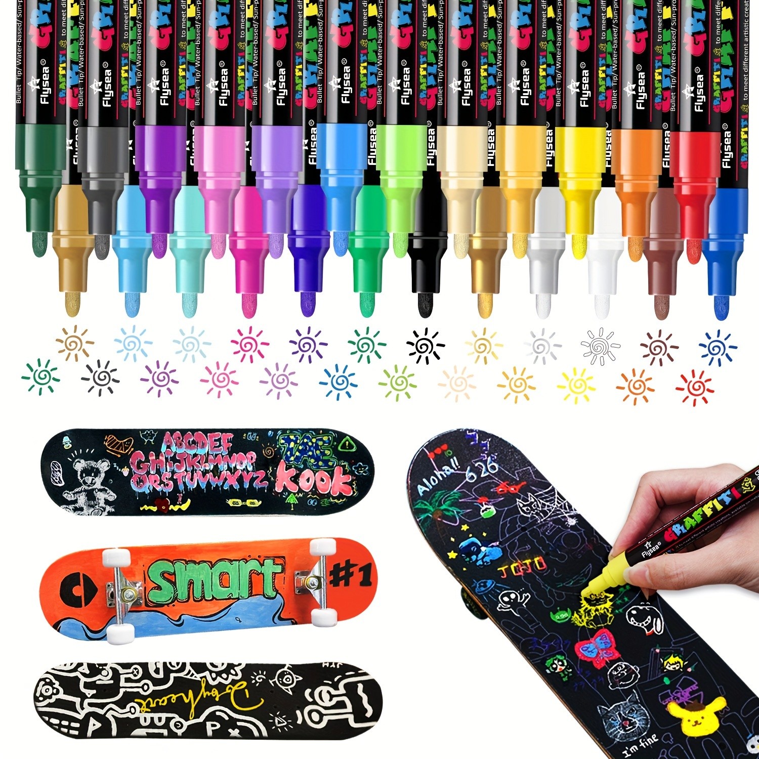 FLYSEA 24pcs Acrylic Paint Marker Pens  Medium Tip, Waterproof, Quick-Drying Pens for Skateboards, Canvas, Wood, Stone & DIY Crafts