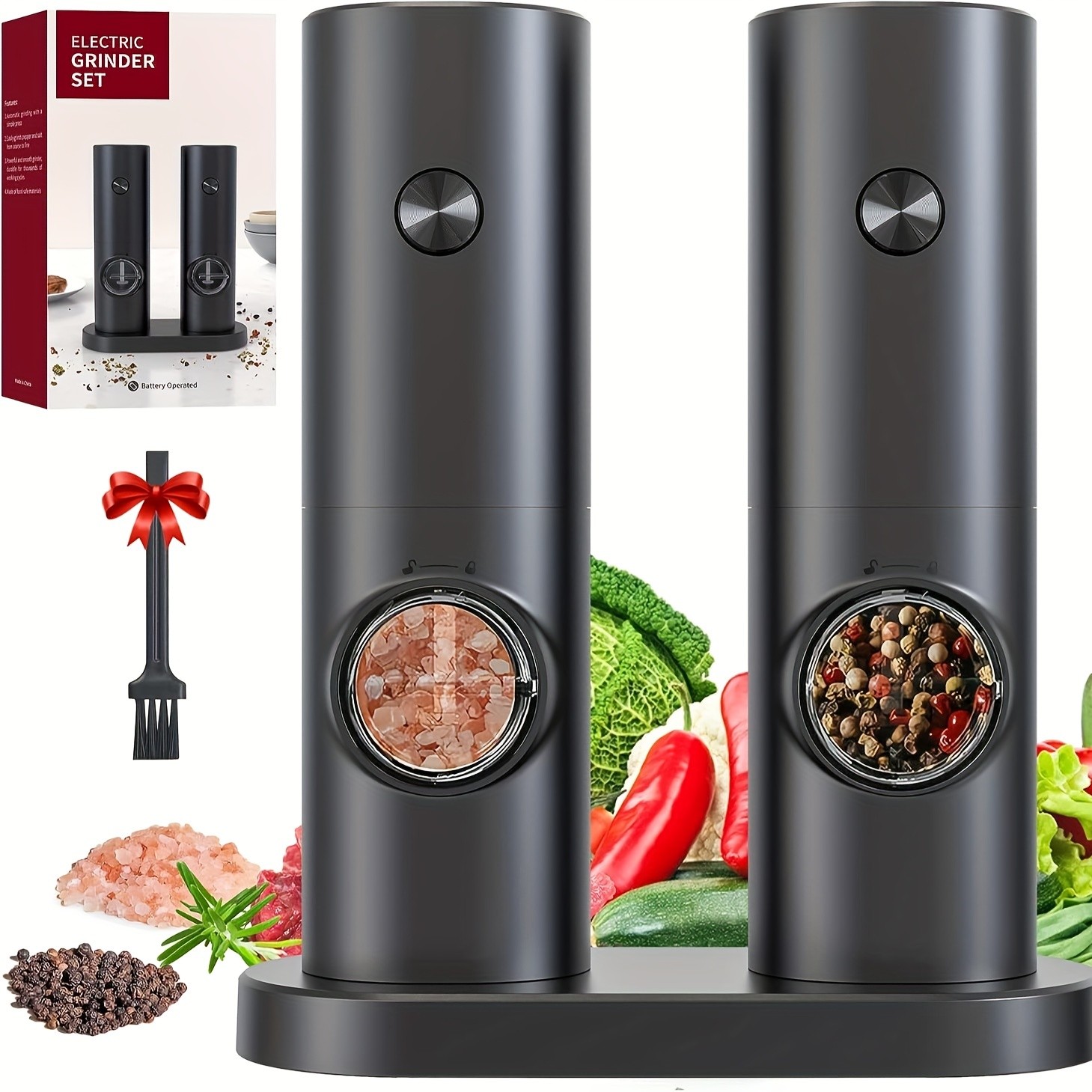 YUMIPLUS Electric Salt & Pepper Grinder Set  Automatic Battery-Operated Mills with Adjustable Coarseness, One-Handed Use & LED Light