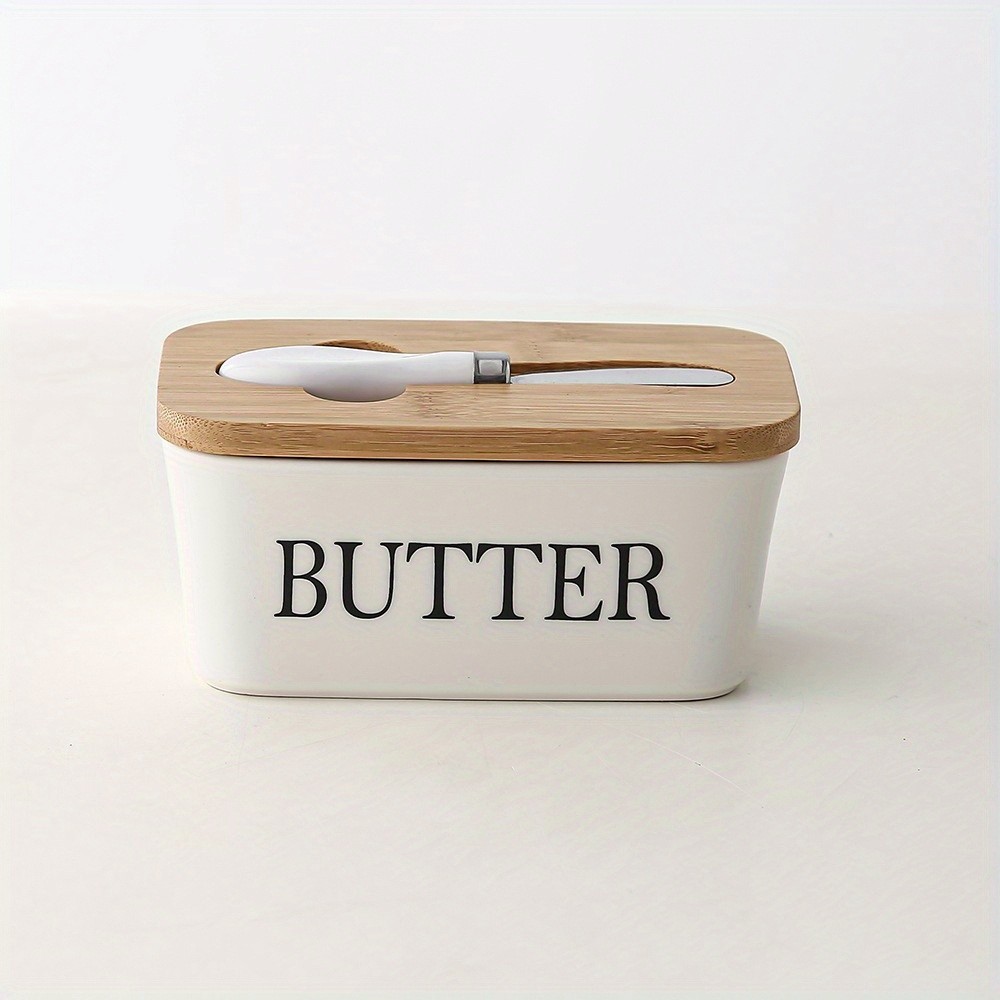YUMIPLUS Ceramic Butter Dish with Bamboo Lid & Knife  Large Airtight Butter Keeper for Kitchen & Pantry Storage