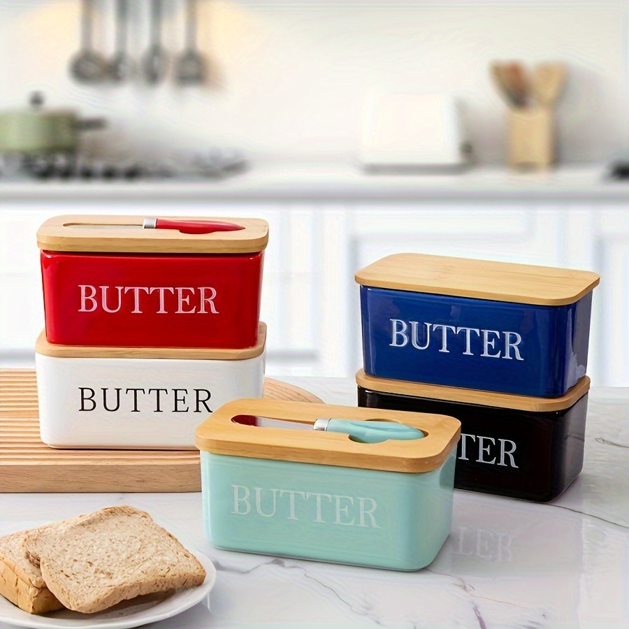 YUMIPLUS Ceramic Butter Dish with Bamboo Lid & Knife  Large Airtight Butter Keeper for Kitchen & Pantry Storage
