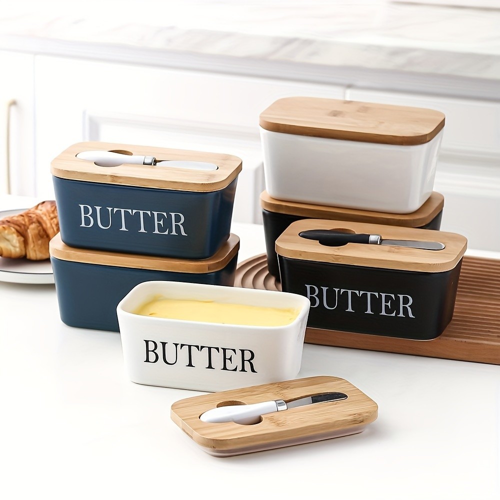 YUMIPLUS Ceramic Butter Dish with Bamboo Lid & Knife  Large Airtight Butter Keeper for Kitchen & Pantry Storage