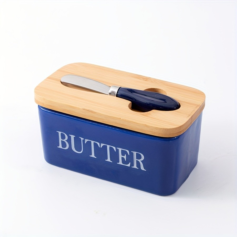 YUMIPLUS Ceramic Butter Dish with Bamboo Lid & Knife  Large Airtight Butter Keeper for Kitchen & Pantry Storage