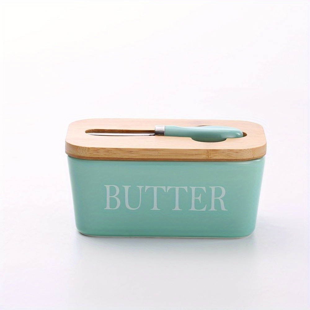 YUMIPLUS Ceramic Butter Dish with Bamboo Lid & Knife  Large Airtight Butter Keeper for Kitchen & Pantry Storage