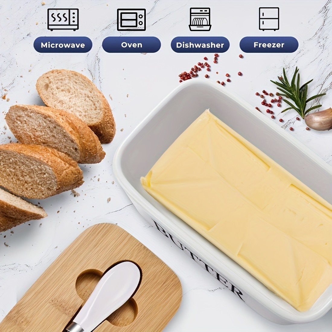 YUMIPLUS Ceramic Butter Dish with Bamboo Lid & Knife  Large Airtight Butter Keeper for Kitchen & Pantry Storage