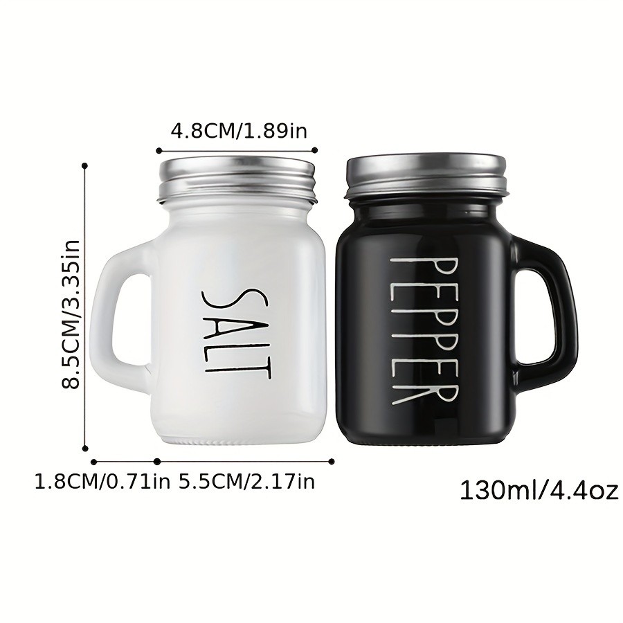 YUMIPLUS 2pcs Farmhouse Salt & Pepper Shaker Set  Vintage Black & White Glass Shakers with Handle & Stainless Steel Lid (4.4oz)