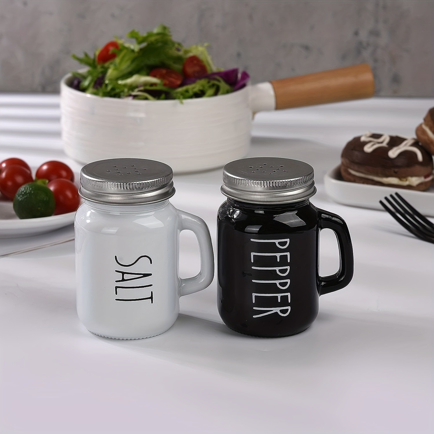 YUMIPLUS 2pcs Farmhouse Salt & Pepper Shaker Set  Vintage Black & White Glass Shakers with Handle & Stainless Steel Lid (4.4oz)