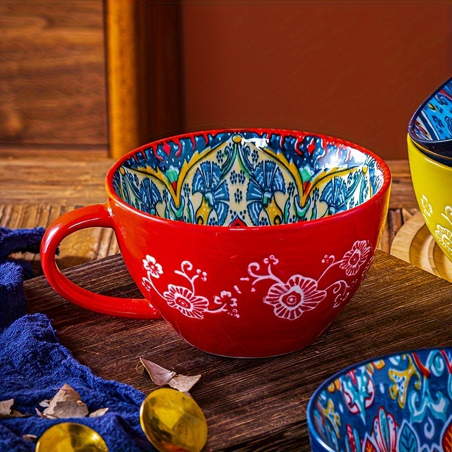 YUMIPLUS 15oz Bohemian Ceramic Breakfast Cup  Large Capacity Water, Milk & Coffee Mug (Microwave-Safe)