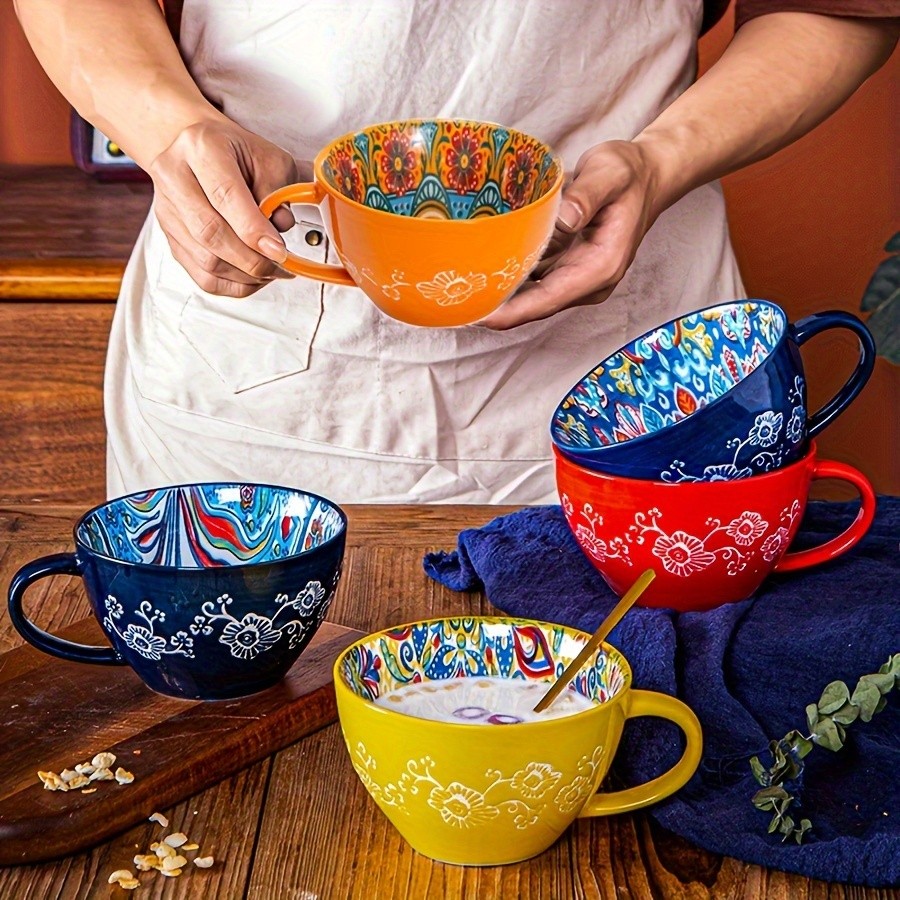 YUMIPLUS 15oz Bohemian Ceramic Breakfast Cup  Large Capacity Water, Milk & Coffee Mug (Microwave-Safe)