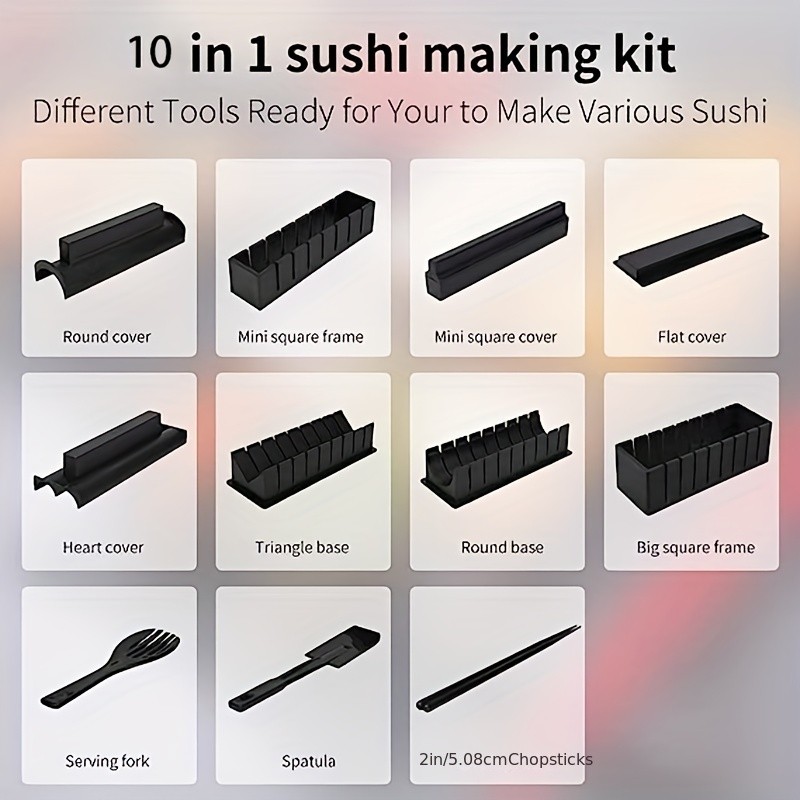 YUMIPLUS 10pcs Sushi Making Kit  Premium Sushi Maker Set with Rice Roll Molds, Spreader & Chopsticks for Easy Homemade Sushi