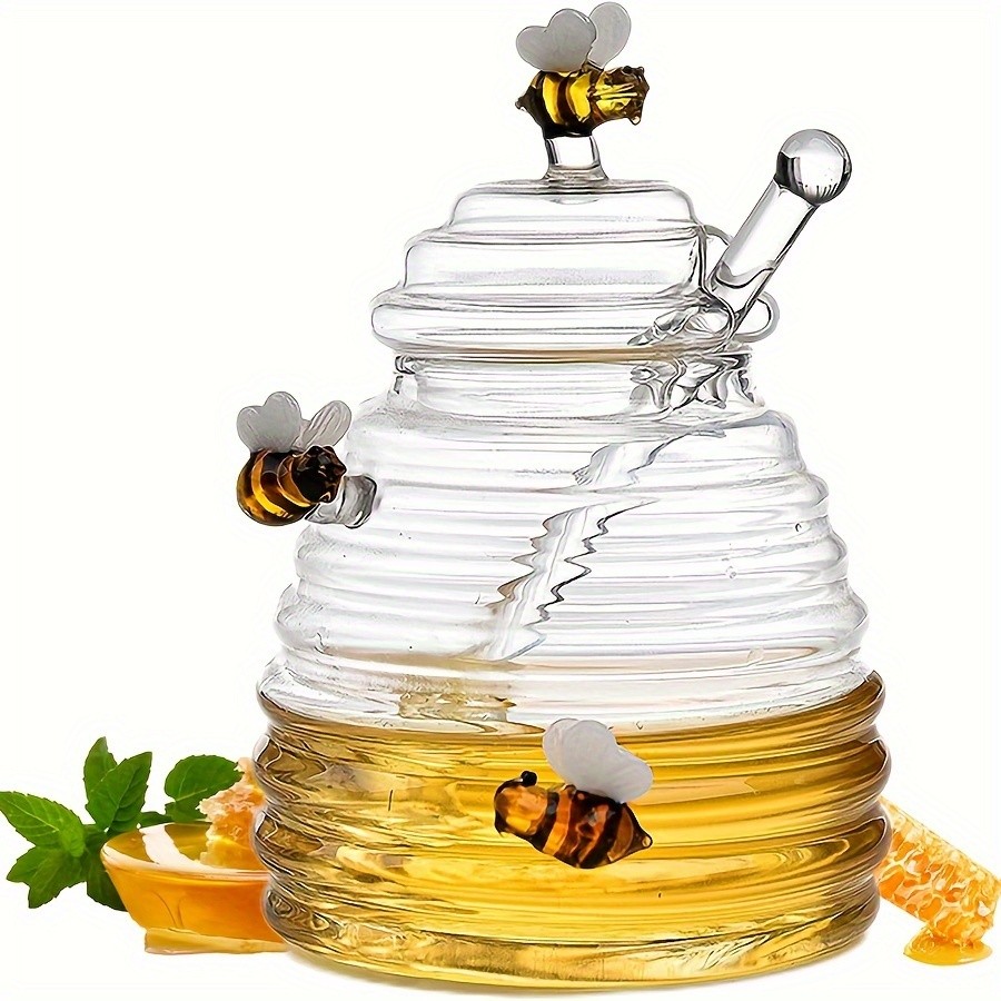 YUMIPLUS Glass Honey Jar with Dipper & Lid  High Borosilicate Transparent Honey Container with Cute Bee Decorations
