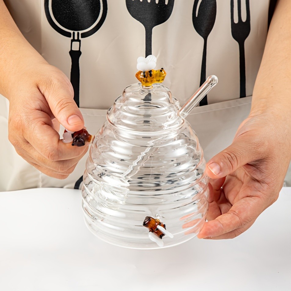 YUMIPLUS Glass Honey Jar with Dipper & Lid  High Borosilicate Transparent Honey Container with Cute Bee Decorations