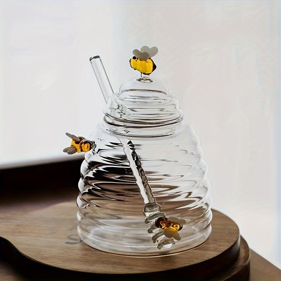 YUMIPLUS Glass Honey Jar with Dipper & Lid  High Borosilicate Transparent Honey Container with Cute Bee Decorations