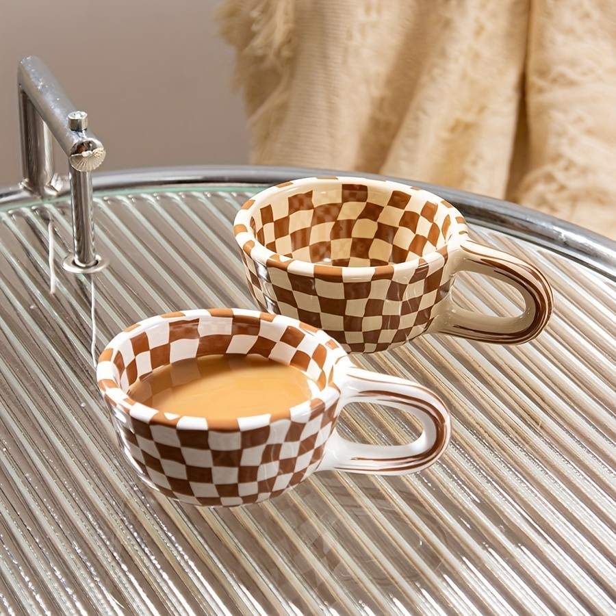 YUMIPLUS Irregular Checkered Ceramic Mug  7oz Casual Coffee Cup for Home & Office Use