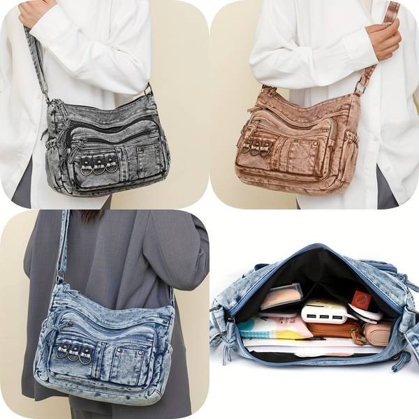Vintage Washed Denim Shoulder Bag for Women  Soft AutumnWinter Hobo Crossbody (Crafted in Guangzhou)