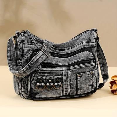 Vintage Washed Denim Shoulder Bag for Women  Soft AutumnWinter Hobo Crossbody (Crafted in Guangzhou)