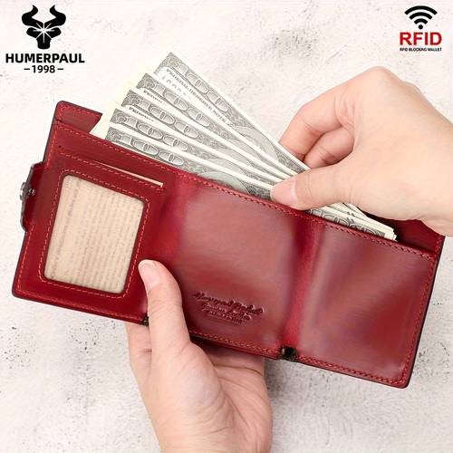 HUMERPAUL Womens RFID Blocking Wallet  Vintage Red Genuine Leather Tri-Fold Card Holder
