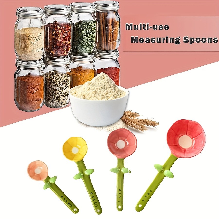 YUMIPLUS Flower Ceramic Measuring Spoons Set  Cute Porcelain Spoons with Pot Base Holder