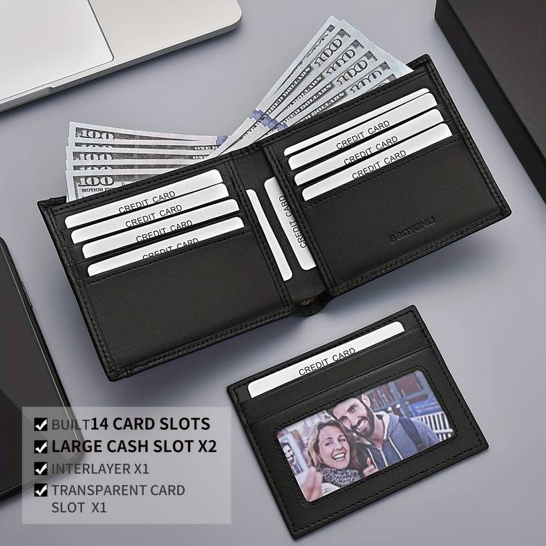 BANYANU Mens Top-Grain Leather Short Wallet  14 Card Slots + Independent Card Holder