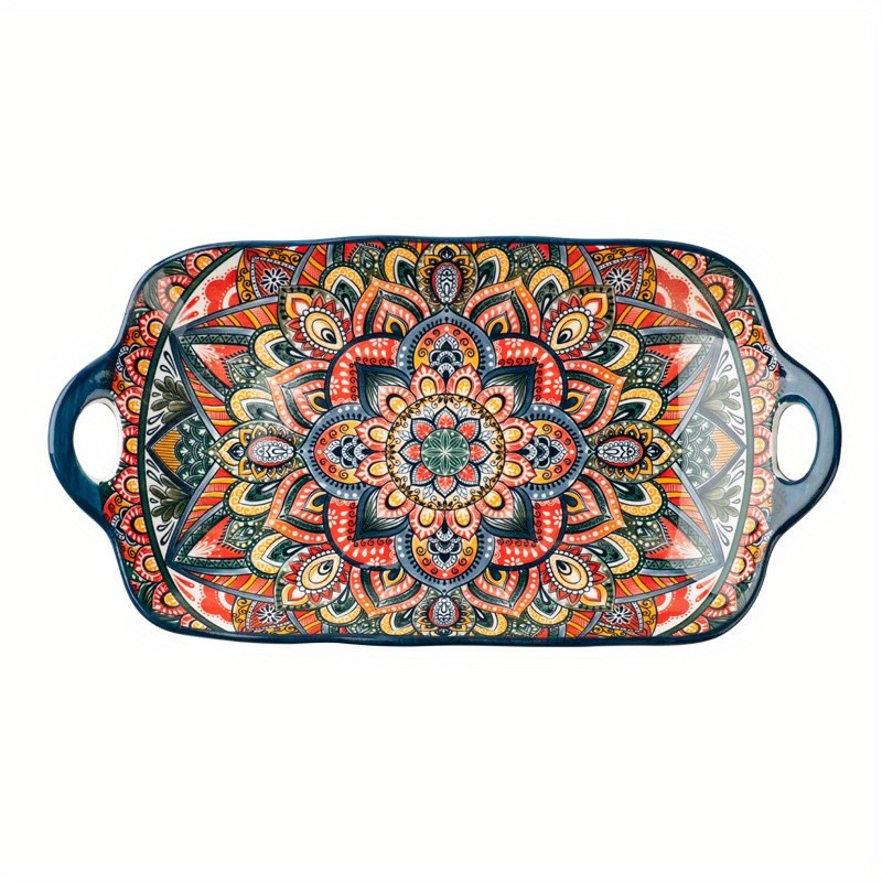 YUMIPLUS Bohemian Ceramic Serving Platter  Versatile Rectangular Dish with Handles for Dining & Entertaining