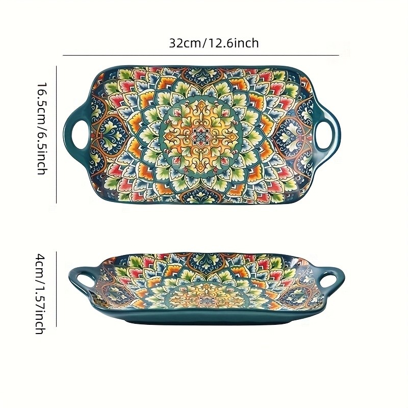 YUMIPLUS Bohemian Ceramic Serving Platter  Versatile Rectangular Dish with Handles for Dining & Entertaining