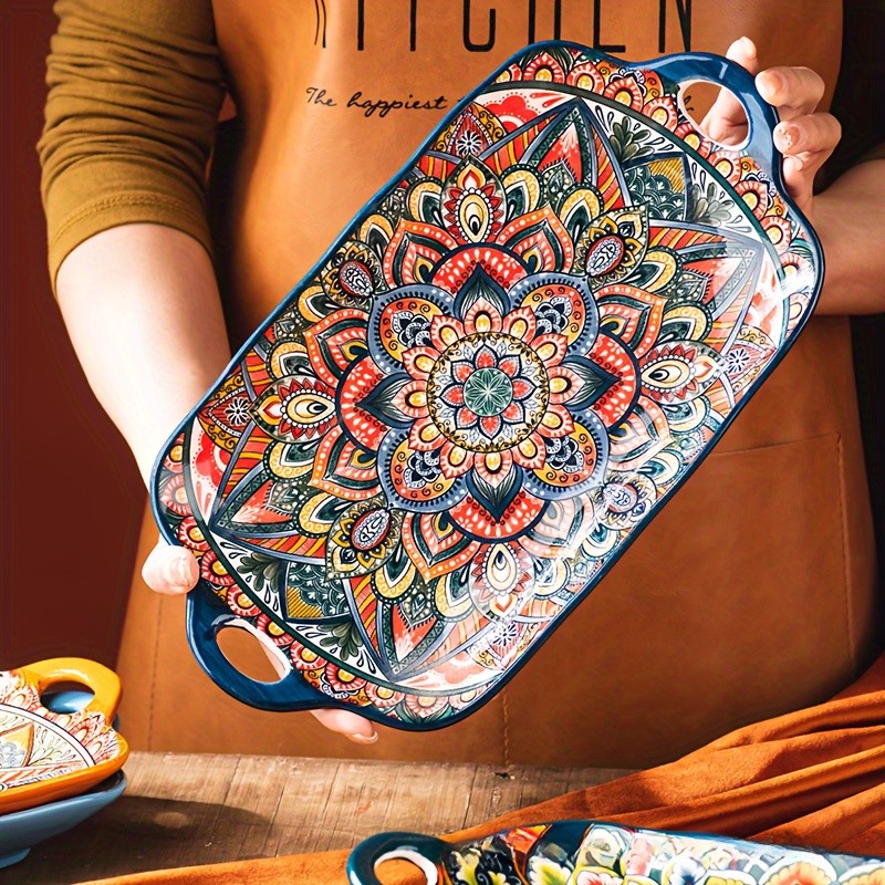 YUMIPLUS Bohemian Ceramic Serving Platter  Versatile Rectangular Dish with Handles for Dining & Entertaining